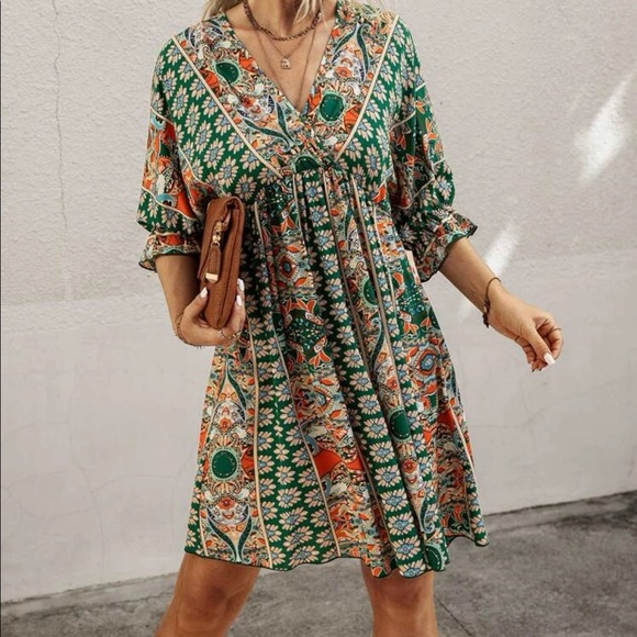 Boho Green Floral Print Ruffle Sleeve Mini Dress Cottagecore - Picture 7 of 8